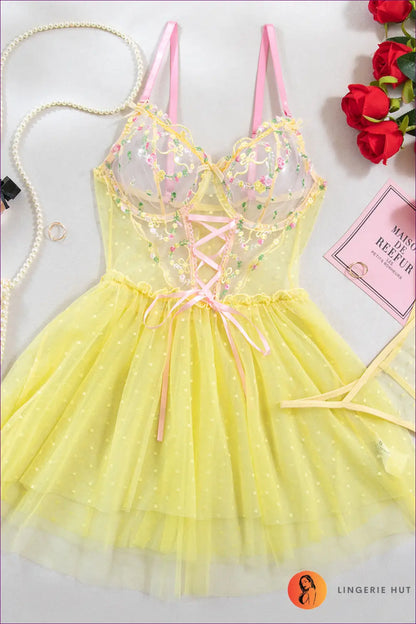 Embroidered Polka Dot Babydoll - the Honeymoon Edit - s / Yellow - Lingerie Hut - Boudoir • Cutout • Evening Wear • Lace