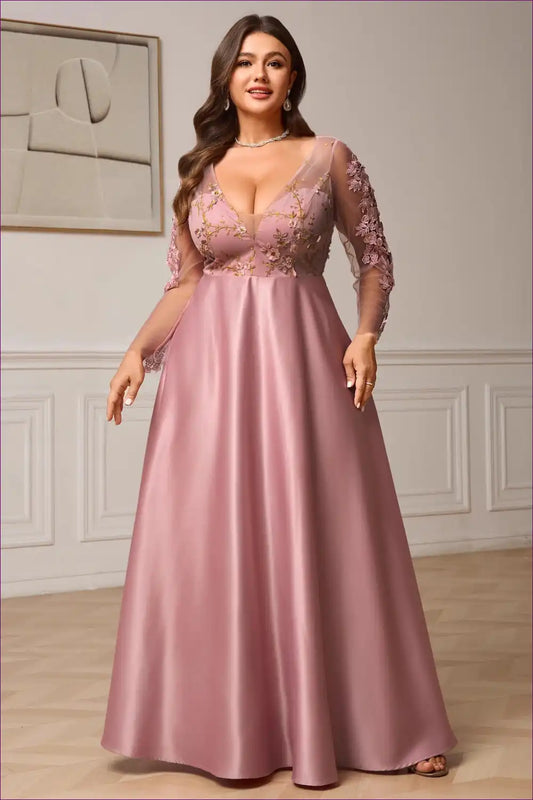 Embroidered Satin Maxi Dress with Sheer Sleeves - Elegant Evenings for a Line, Dresses, Evening Wear, Floral,