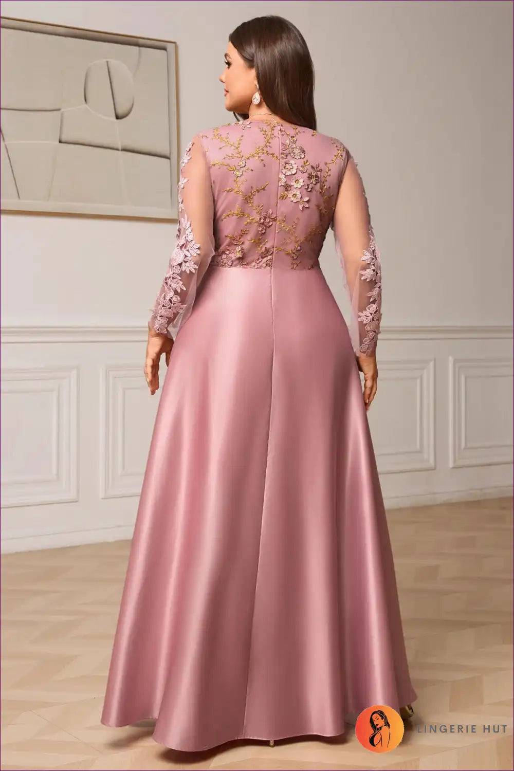 Embroidered Satin Maxi Dress with Sheer Sleeves - Elegant Evenings for a Line, Dresses, Evening Wear, Floral,