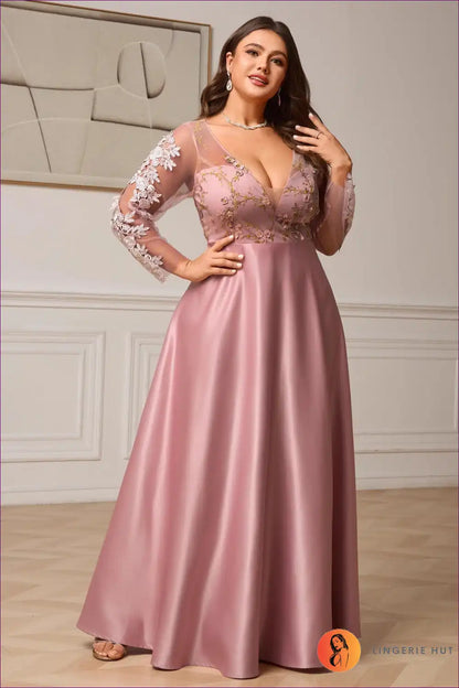Embroidered Satin Maxi Dress with Sheer Sleeves - Elegant Evenings for a Line, Dresses, Evening Wear, Floral,