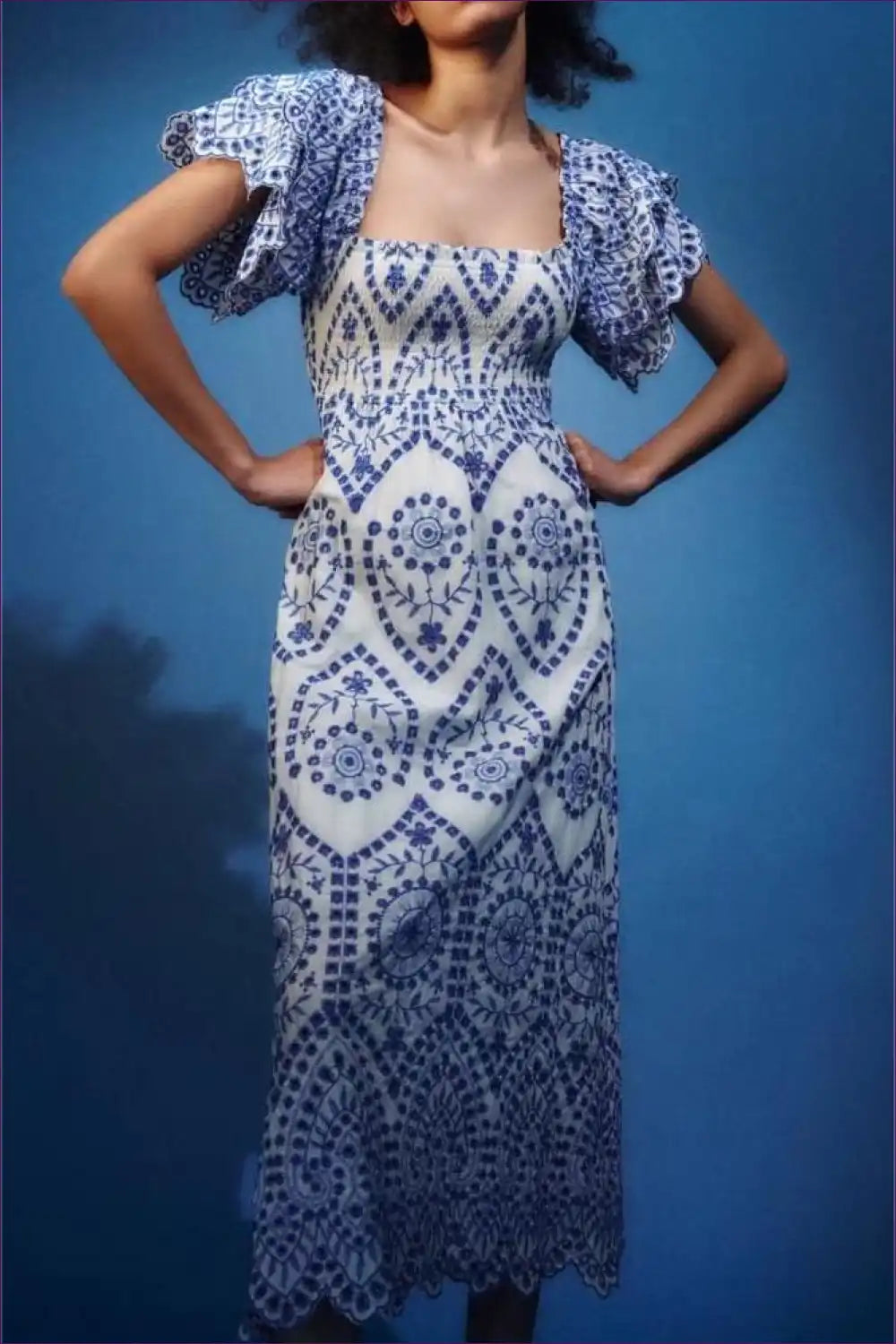 Embroidered Square Neck Midi with Ruffle Sleeves for a Line, Boho, Dress, Dresses, Everyday