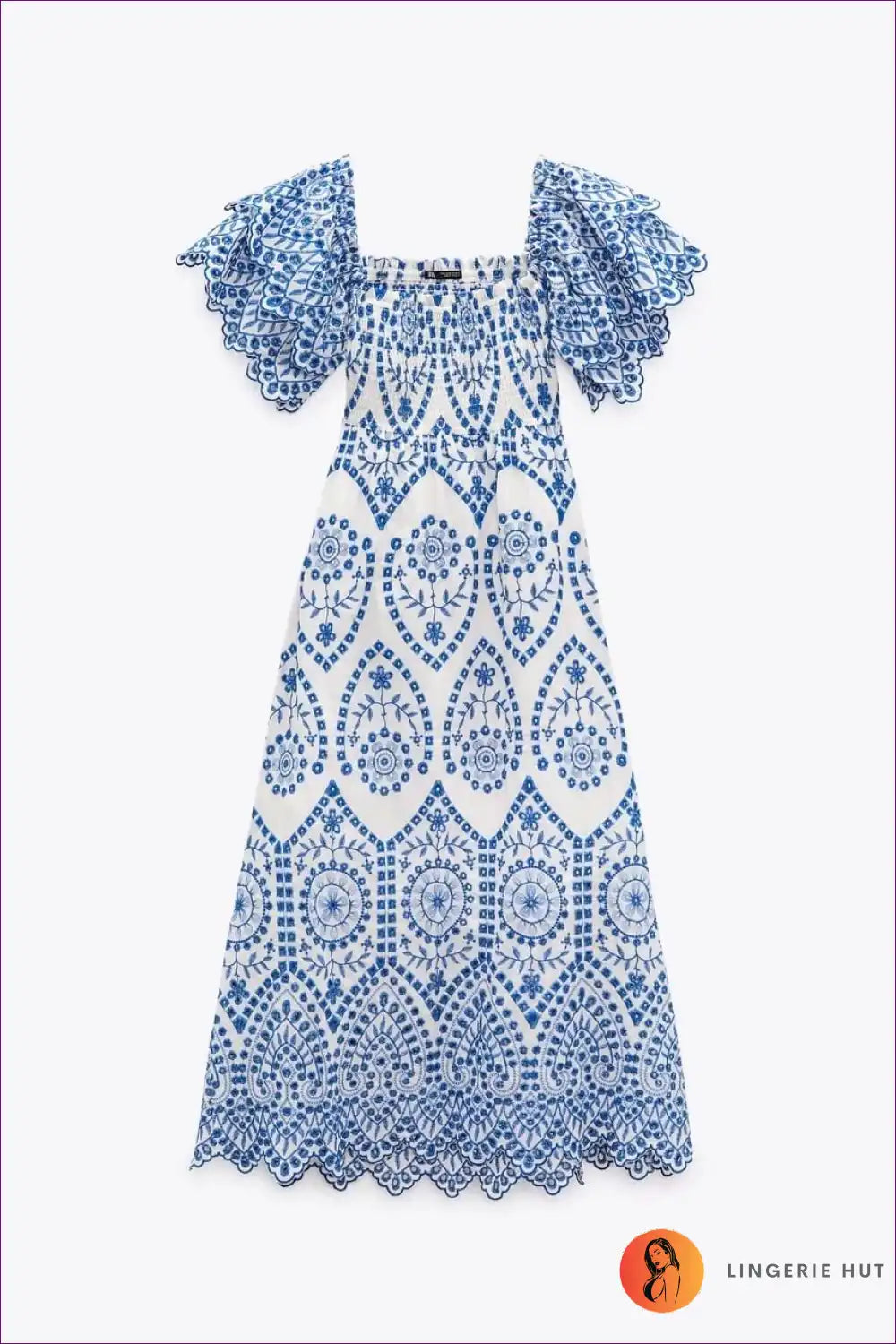 Embroidered Square Neck Midi with Ruffle Sleeves for a Line, Boho, Dress, Dresses, Everyday