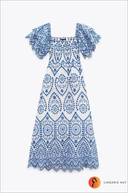 Embroidered Square Neck Midi with Ruffle Sleeves for a Line, Boho, Dress, Dresses, Everyday