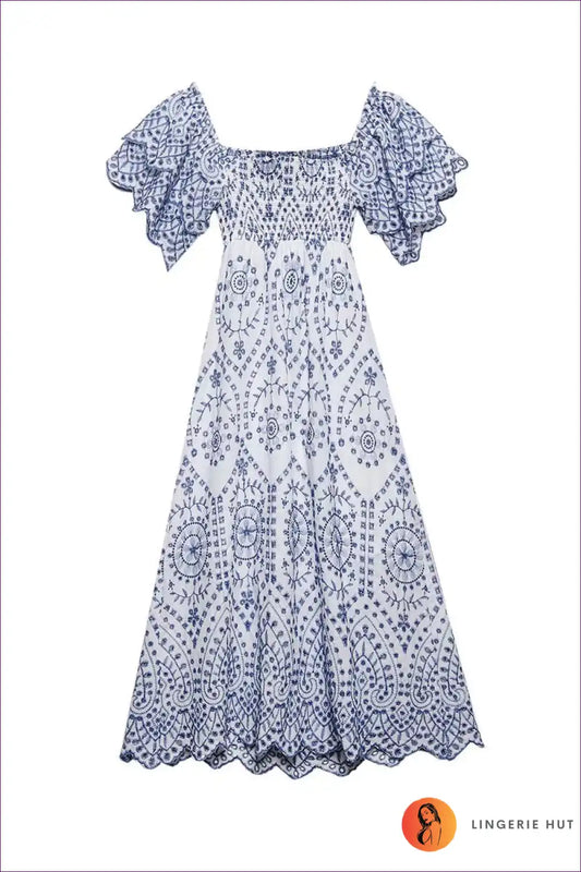 Embroidered Square Neck Midi with Ruffle Sleeves for a Line, Boho, Dress, Dresses, Everyday