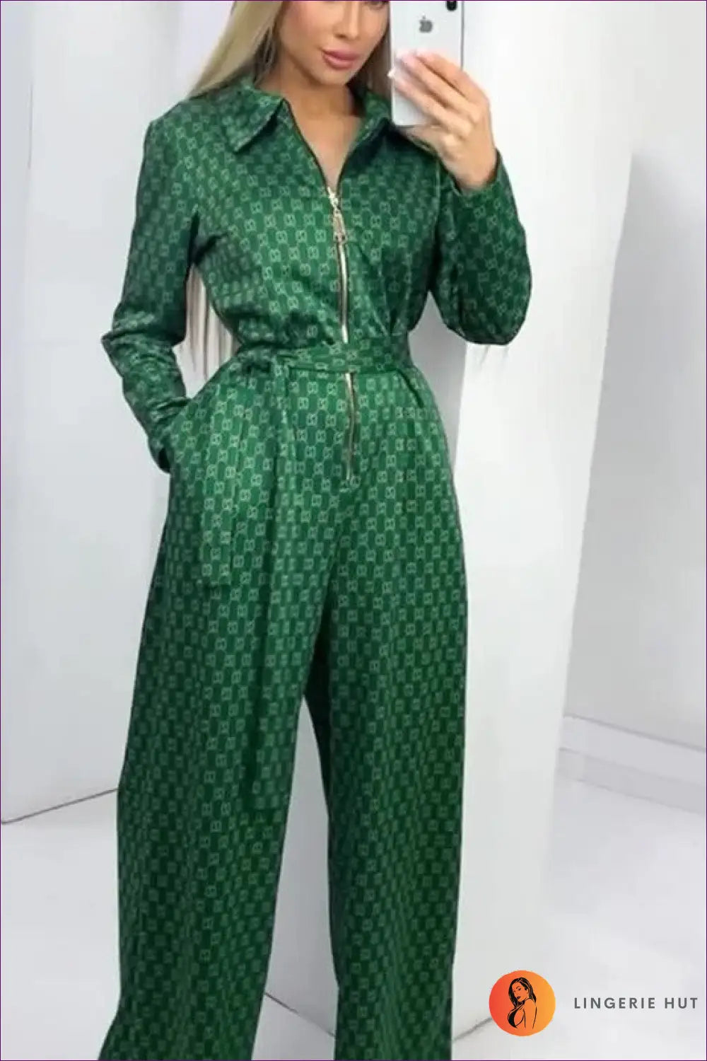 Emerald Elegance Zip-front Jumpsuit - Chic Geometric Print for Casual, Everyday, Glamour, Jumpsuit, n