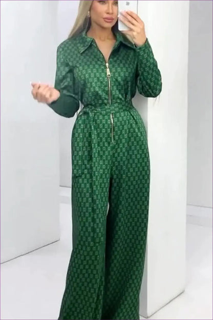 Emerald Elegance Zip-front Jumpsuit - Chic Geometric Print for Casual, Everyday, Glamour, Jumpsuit, n