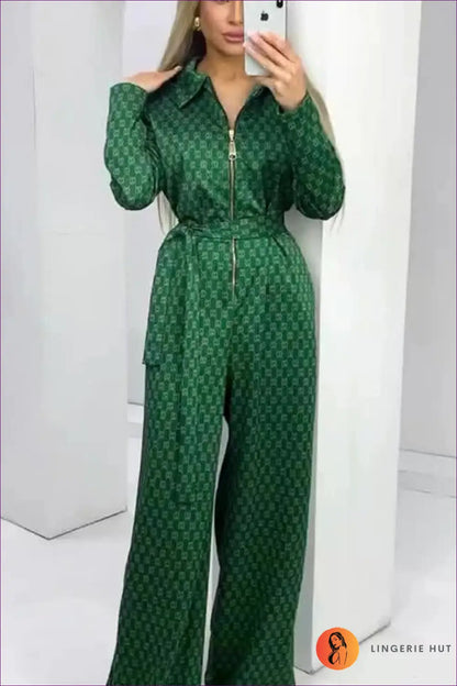 Emerald Elegance Zip-front Jumpsuit - Chic Geometric Print for Casual, Everyday, Glamour, Jumpsuit, n