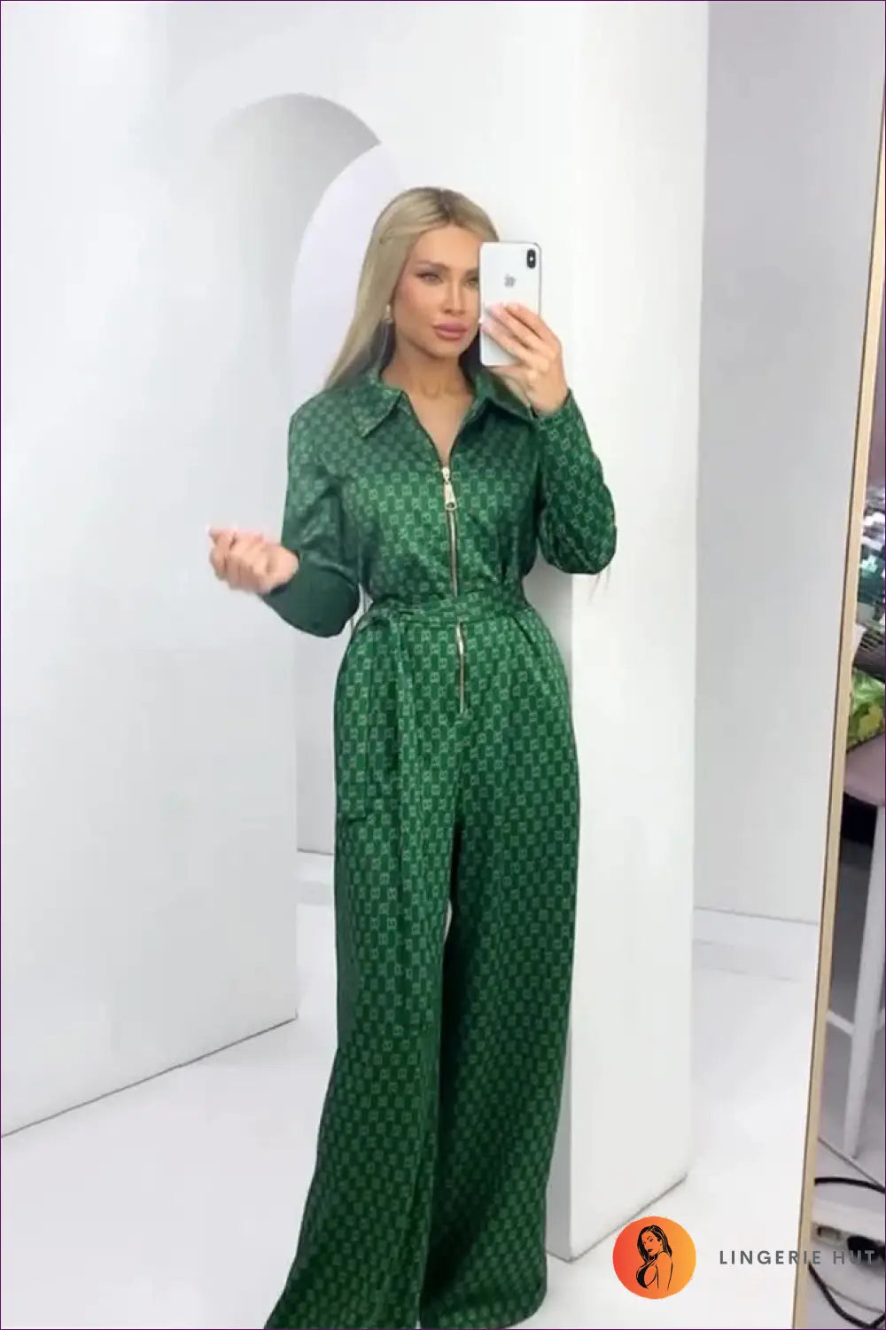 Emerald Elegance Zip-front Jumpsuit - Chic Geometric Print for Casual, Everyday, Glamour, Jumpsuit, n