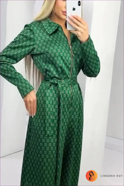 Emerald Elegance Zip-front Jumpsuit - Chic Geometric Print for Casual, Everyday, Glamour, Jumpsuit, n