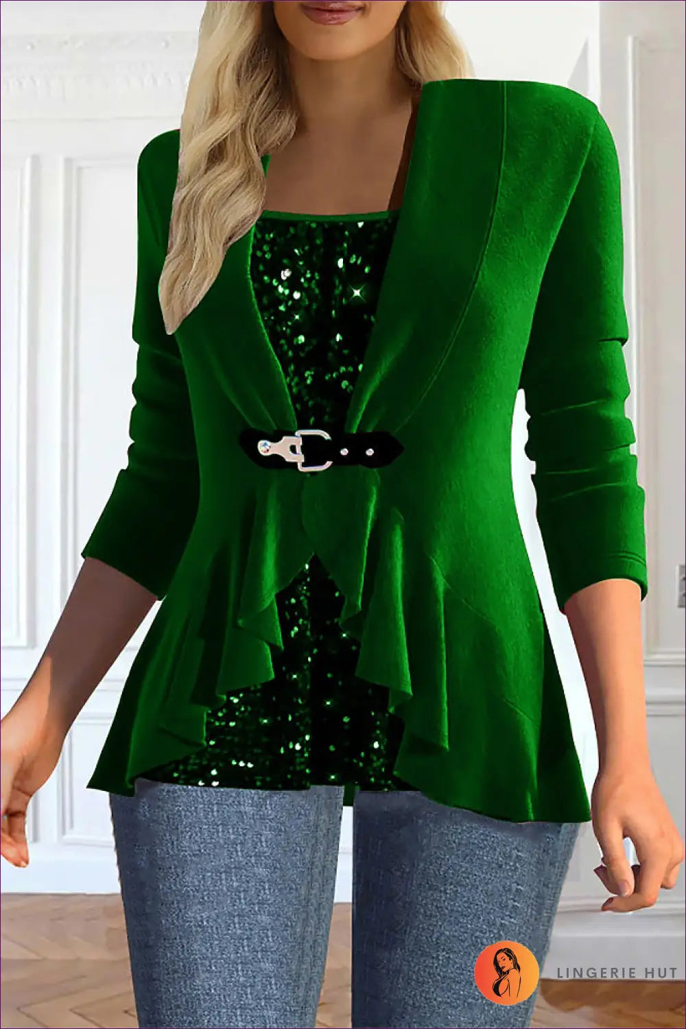 Emerald Green Ruffle Blazer - Chic & Stylish for All Season, Autumn, Casual, Everyday, Modest