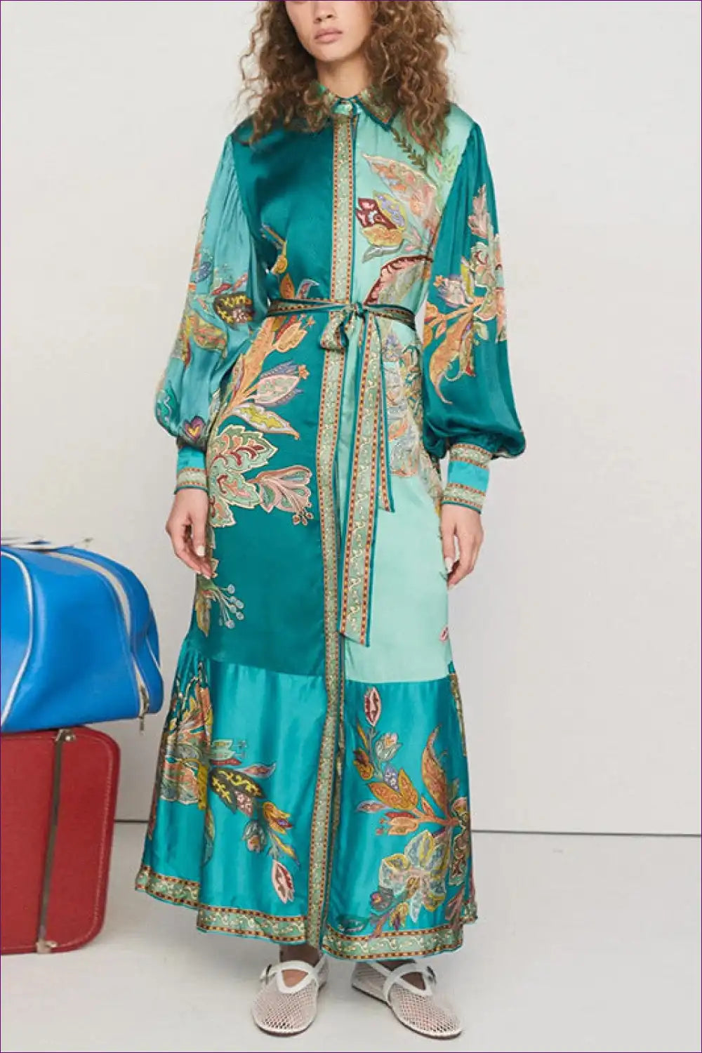 Emerald Paisley Print Maxi Shirt Dress - Statement Luxe Style for Boho, Dress, Everyday, Glamour,