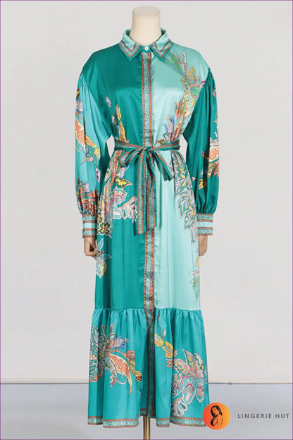 Emerald Paisley Print Maxi Shirt Dress - Statement Luxe Style for Boho, Dress, Everyday, Glamour,