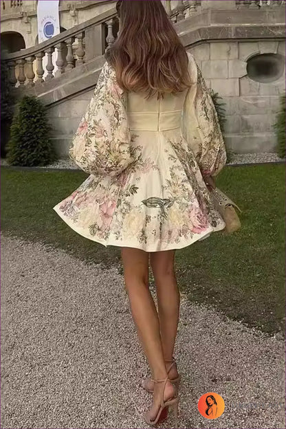 Ethereal Floral Plunge Mini Dress - Romantic Elegance for a Line, Boho, Chiffon, Cutout, Date Night