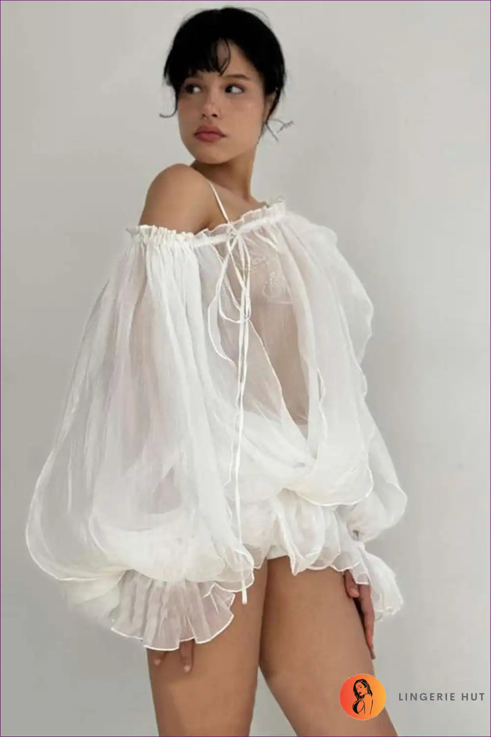 Ethereal Sheer Puff Sleeve Blouse - Romantic Elegance for Casual, Chiffon, Glamour, Night Out, Party