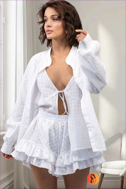 Ethereal White Ruffled Romper Set - Dreamy Elegance for Casual, co Ord, Cotton, Date Night, Glamour