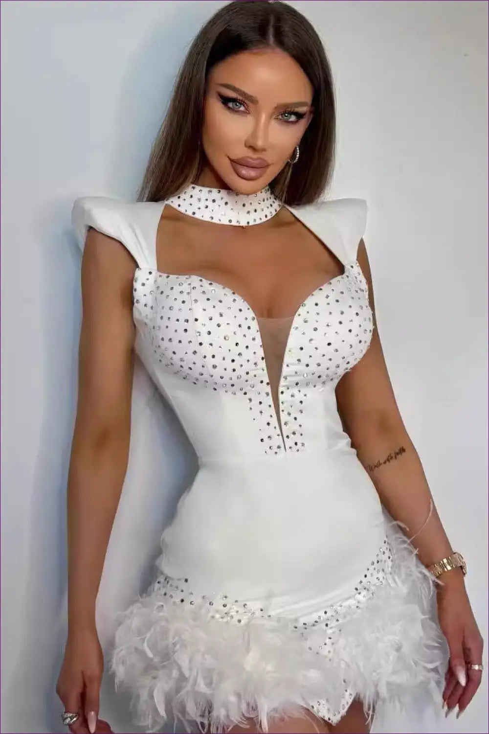 Exquisite White Rhinestone Embellished Feather Trim Mini Dress - Red Carpet Ready for Bodycon, Cutout, Dress,