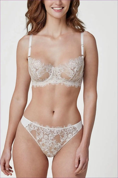 Eyelash Lace Bra and Thong Set with Sheer Detailing - Bridal Romance for Boudoir, Set, Bridal, Everyday,