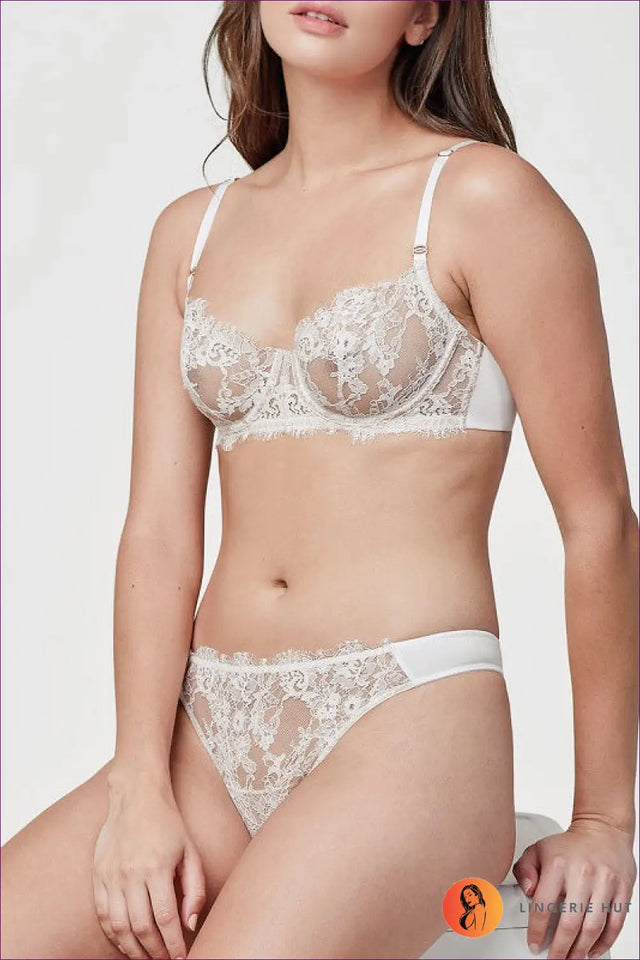 Eyelash Lace Bra and Thong Set with Sheer Detailing - Bridal Romance