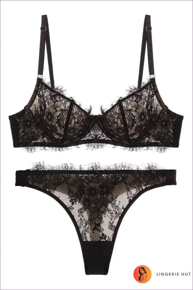 Eyelash Lace Bra and Thong Set with Sheer Detailing - Bridal Romance
