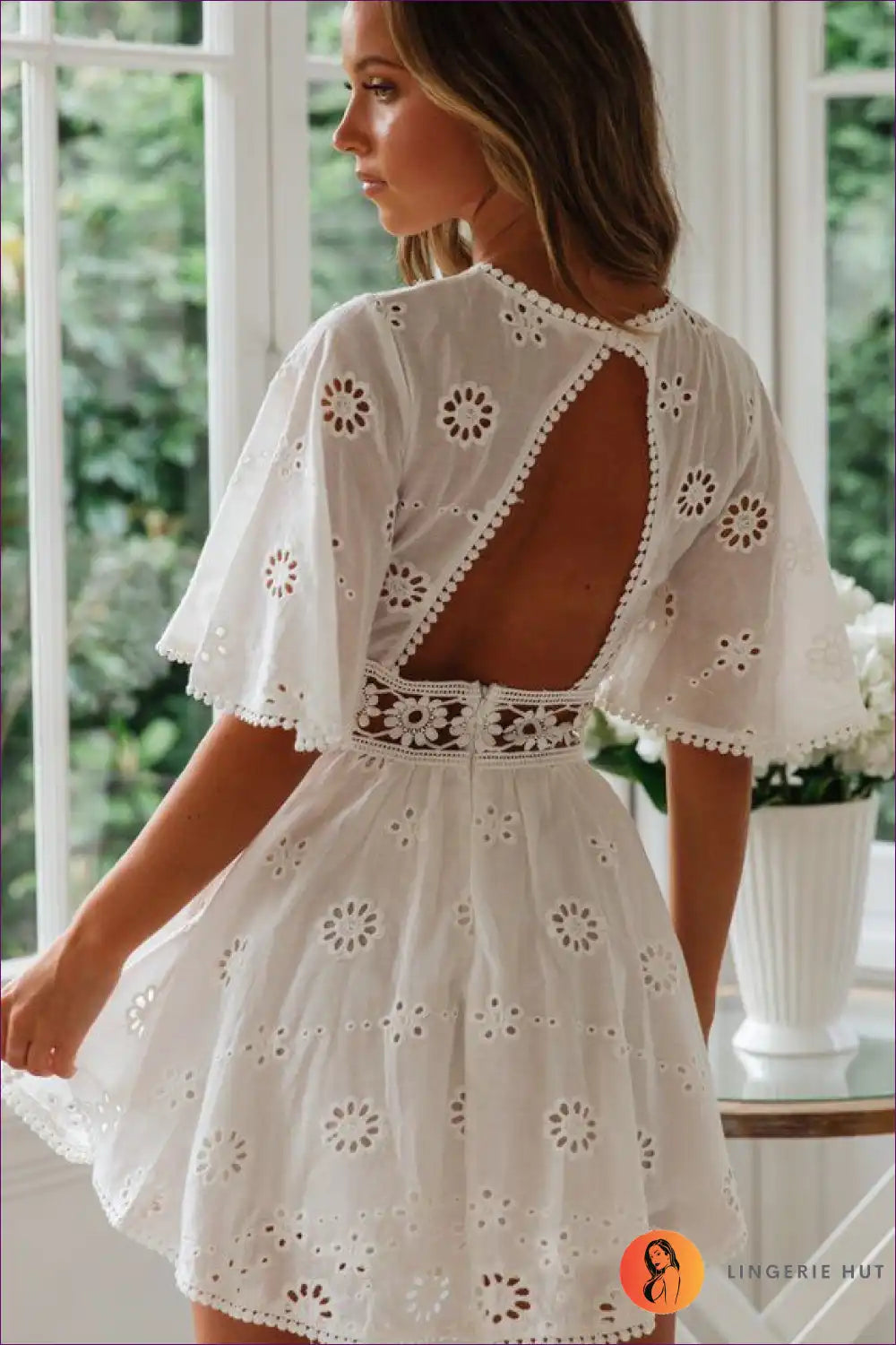 Eyelet Embroidery Mini Dress with Cutouts - Boho Summer Romance for A-line, Boho, Casual, Cotton, Cutout