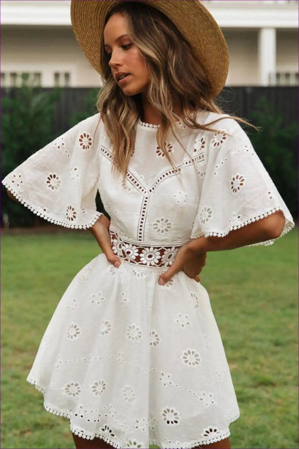 Eyelet Embroidery Mini Dress with Cutouts - Boho Summer Romance for A-line, Boho, Casual, Cotton, Cutout