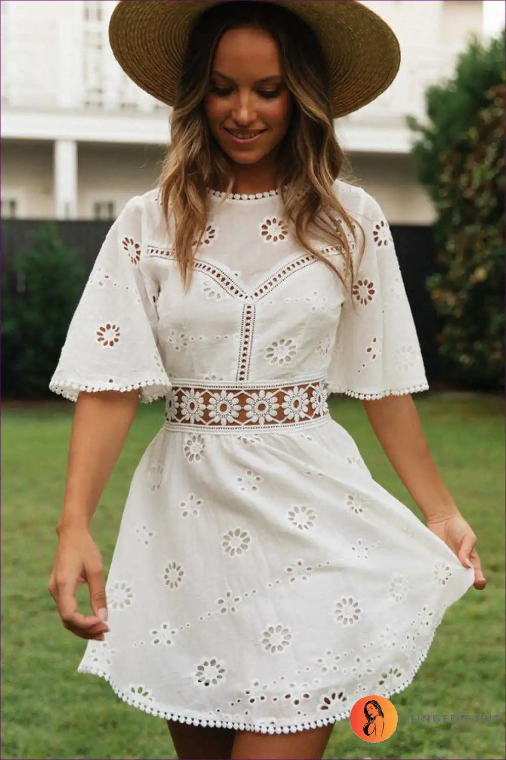 Eyelet Embroidery Mini Dress with Cutouts - Boho Summer Romance for A-line, Boho, Casual, Cotton, Cutout