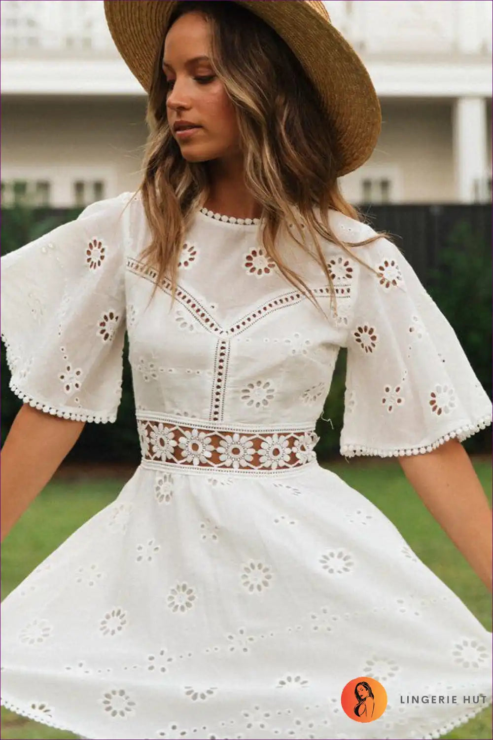 Eyelet Embroidery Mini Dress with Cutouts - Boho Summer Romance for A-line, Boho, Casual, Cotton, Cutout