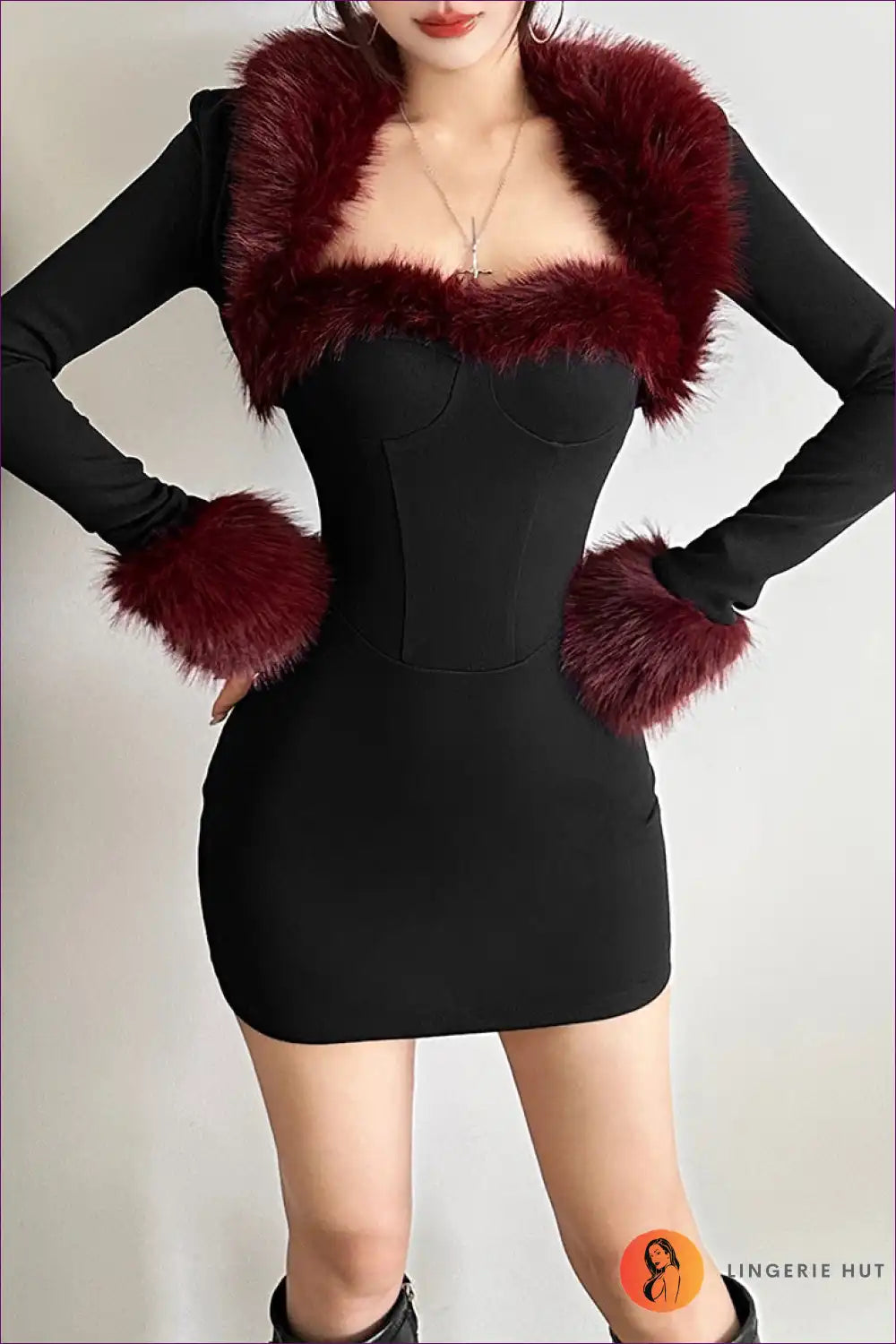 Faux Fur Trim Bodycon Dress with Long Sleeves - Party for Bodycon, Date Night, Evening Wear, Glamour,