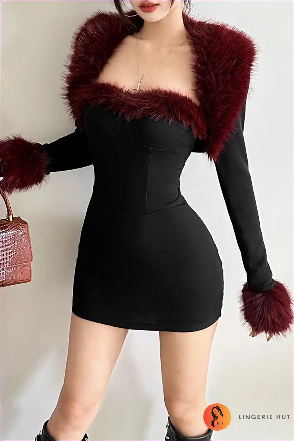 Faux Fur Trim Bodycon Dress with Long Sleeves - Party for Bodycon, Date Night, Evening Wear, Glamour,