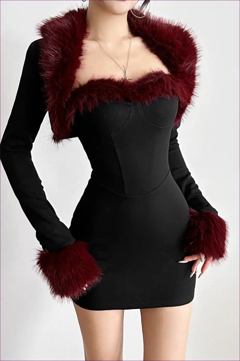 Faux Fur Trim Bodycon Dress with Long Sleeves - Party for Bodycon, Date Night, Evening Wear, Glamour,