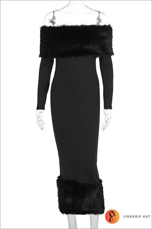 Faux Fur Trim Bodycon Midi Dress - Understated Glamour - s / Black - Dresses - Lingerie Hut - Autumn • Cutout • Evening