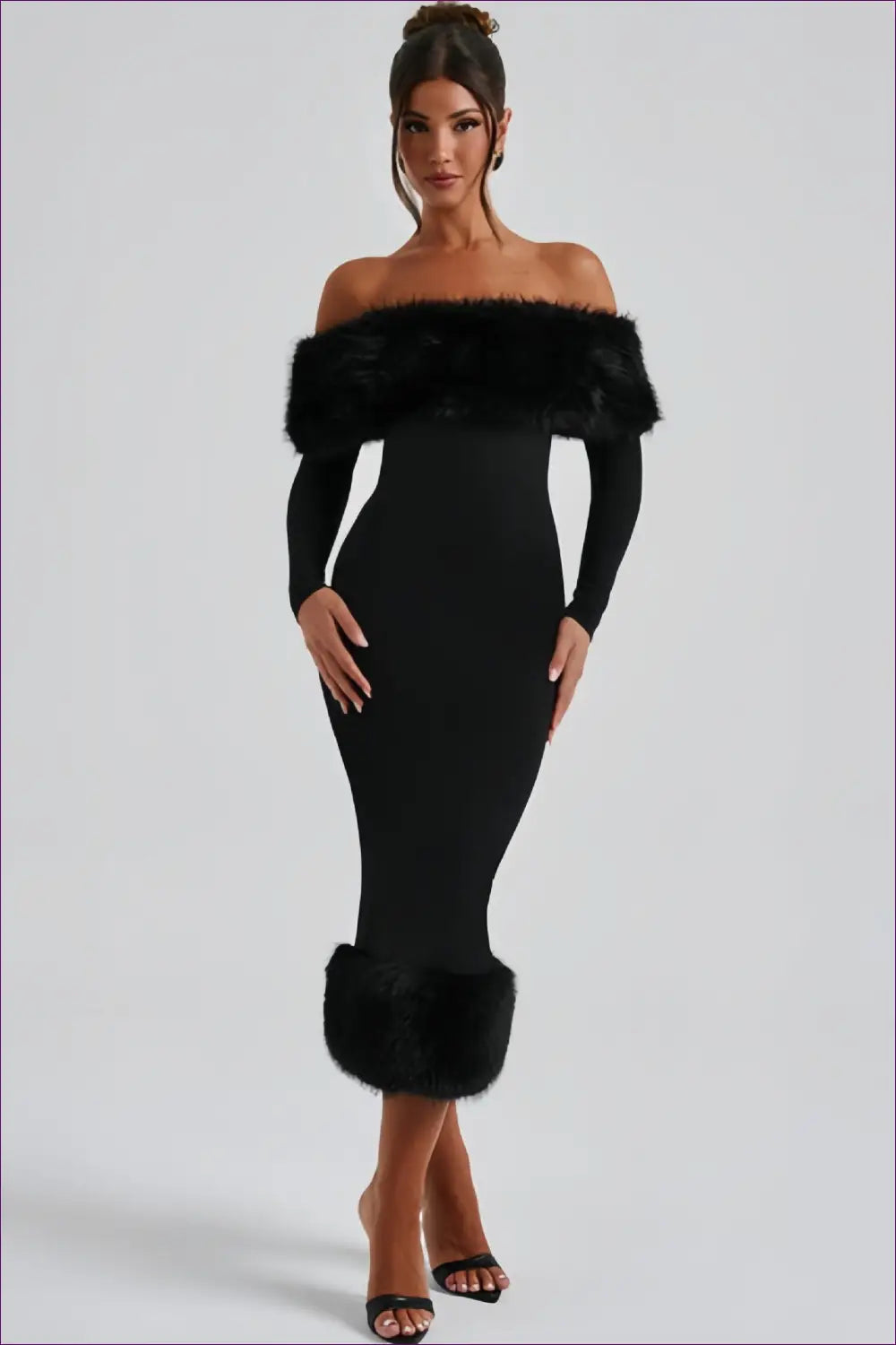 Faux Fur Trim Bodycon Midi Dress - Understated Glamour - Dresses - Autumn • Bodycon Midi Dress • Evening Wear