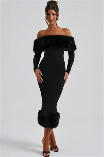 Faux Fur Trim Bodycon Midi Dress - Understated Glamour - Dresses - Autumn • Bodycon Midi Dress • Evening Wear