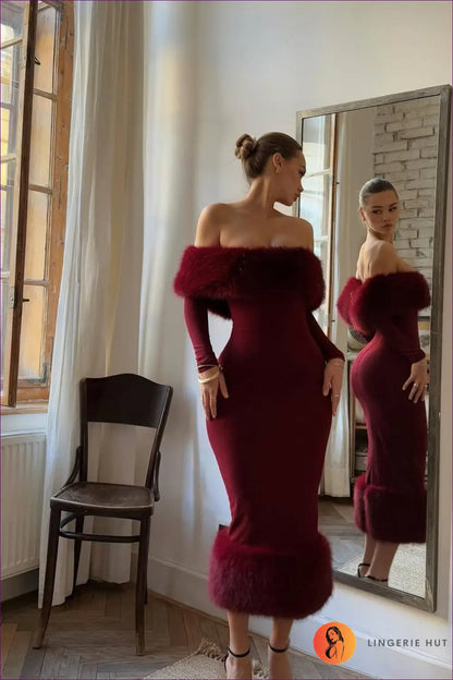 Faux Fur Trim Bodycon Midi Dress - Understated Glamour - s / Burgundy - Dresses - Autumn • Bodycon Midi Dress • Evening