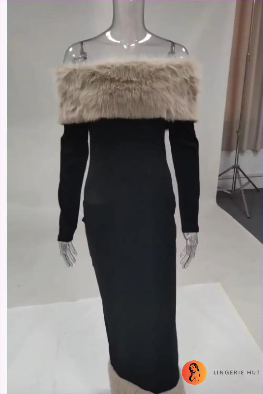 Faux Fur Trim Bodycon Midi Dress - Understated Glamour - s / Apricot - Dresses - Autumn • Bodycon Midi Dress • Evening