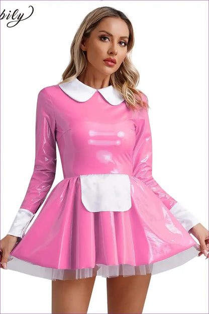 Faux Latex Maid Mini Dress with Apron - Sweet Lolita Style for Clubwear, Costume, Dress, Dresses, Evening Wear