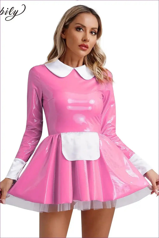 Faux Latex Maid Mini Dress with Apron - Sweet Lolita Style for Clubwear, Costume, Dress, Dresses, Evening Wear