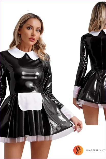 Faux Latex Maid Mini Dress with Apron - Sweet Lolita Style for Clubwear, Costume, Dress, Dresses, Evening Wear