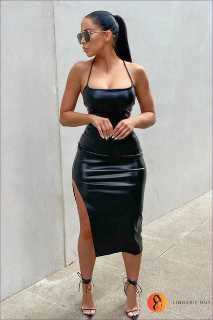 Faux Leather Bodycon Midi Dress - Night out Energy - Dresses - Lingerie Hut - Backless • Clubwear • Halter
