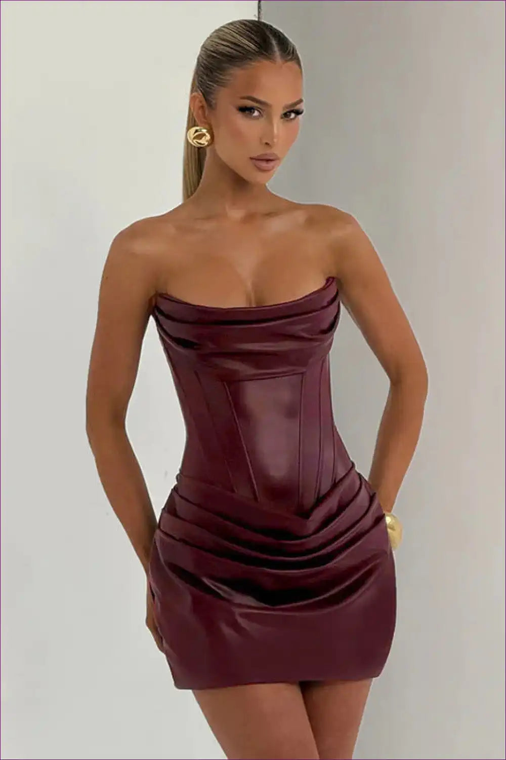 Faux Leather Corset Mini Dress with Draped Skirt - Night-out Glam for Bodycon, Clubwear, Corset, Dress,