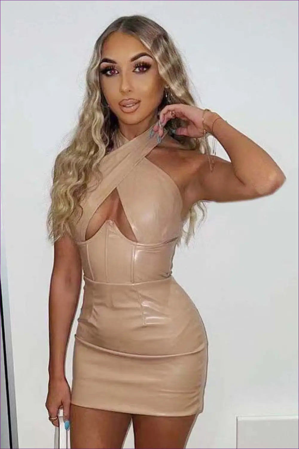Faux Leather Cross-neck Mini Dress - After-dark Glamour - Dresses - Bodycon • Clothing • Cutout • Evening Wear