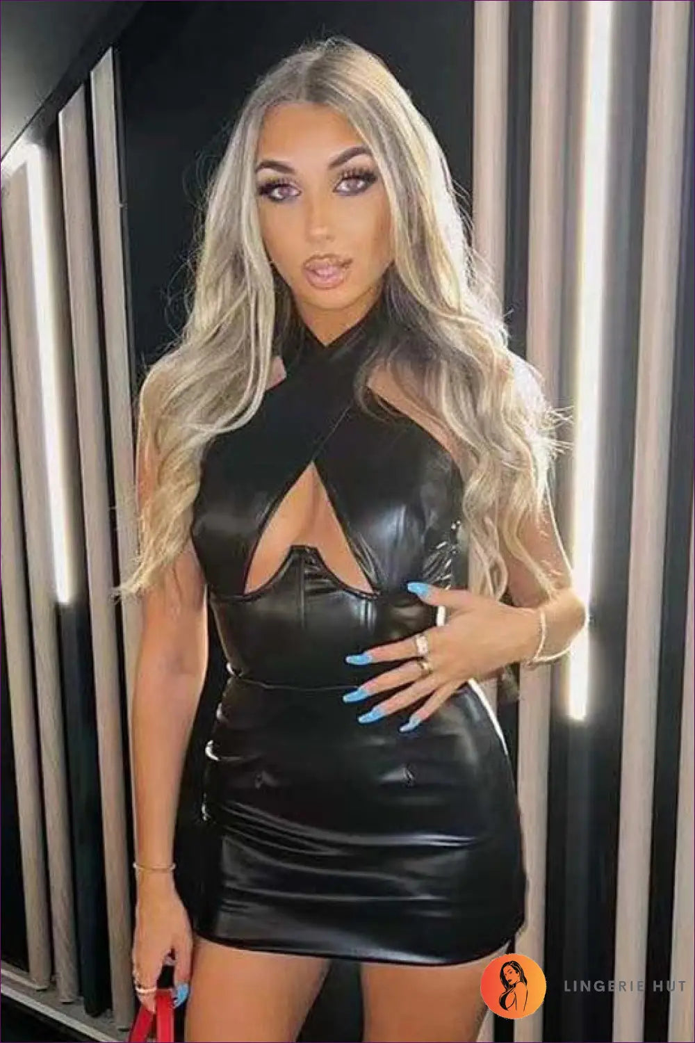 Faux Leather Cross-neck Mini Dress - After-dark Glamour - Dresses - Lingerie Hut - Bodycon • Cutout • Evening Wear