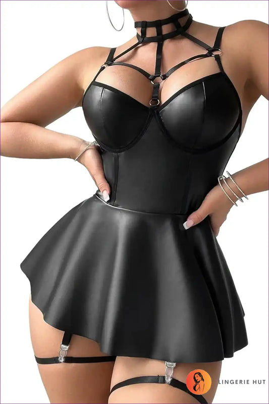 Faux Leather Deep v Babydoll Dress for After-dark Drama a Line, Babydoll, Clubwear, Cutout, Date Night