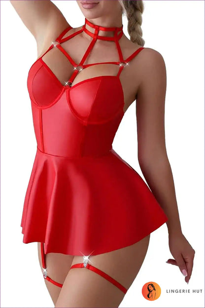 Faux Leather Deep v Babydoll Dress for After-dark Drama a Line, Babydoll, Clubwear, Cutout, Date Night