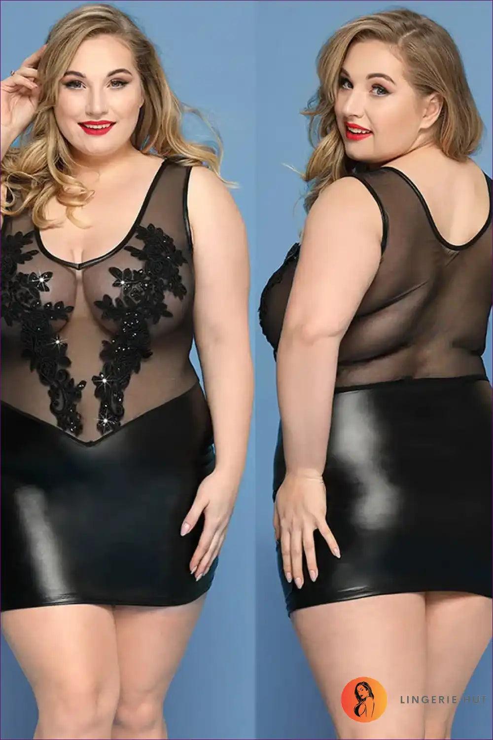 Faux Leather Dress Lingerie with Embroidered Mesh - After-dark Allure for Bodycon, Boudoir, Dress, Dresses,