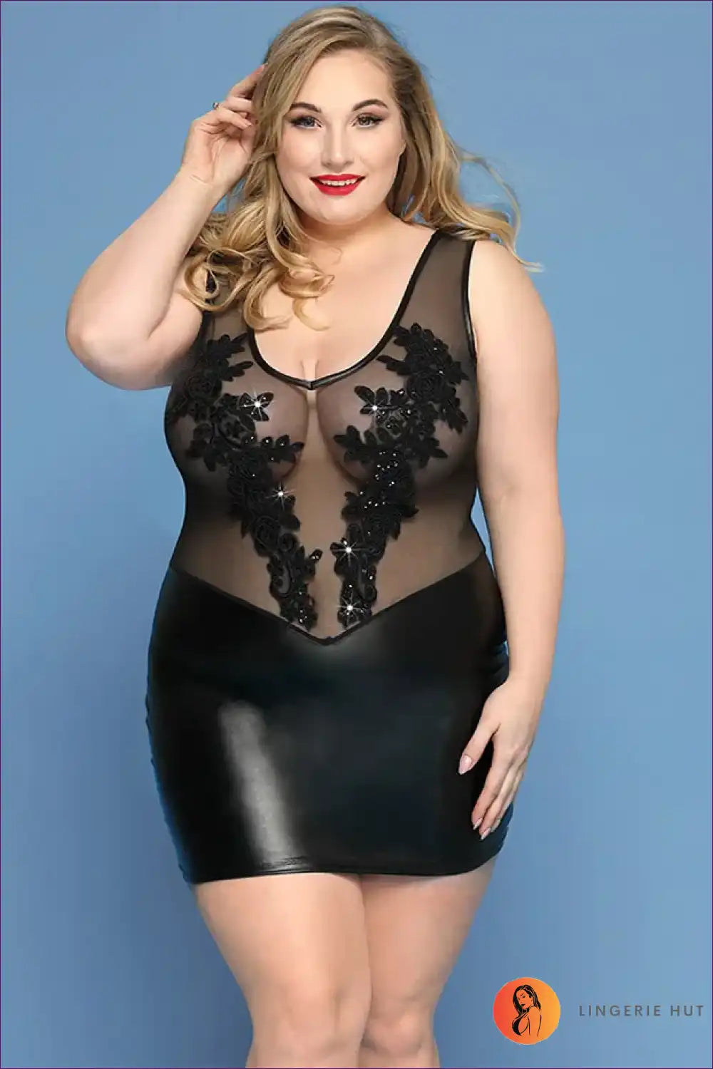 Faux Leather Dress Lingerie with Embroidered Mesh - After-dark Allure for Bodycon, Boudoir, Dress, Dresses,