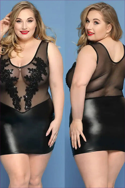 Faux Leather Dress Lingerie with Embroidered Mesh - After-dark Allure for Bodycon, Boudoir, Dress, Dresses,