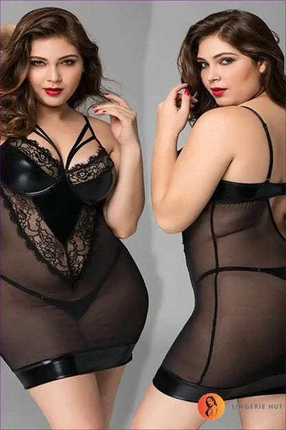 Faux Leather Dress Lingerie with Embroidered Mesh - After-dark Allure for Bodycon, Boudoir, Dress, Dresses,