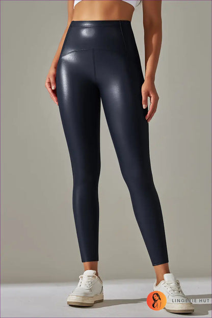 Elevate Your Active Lifestyle With Our Faux Leather Leggings. Featuring High Elasticity And a Bright Black