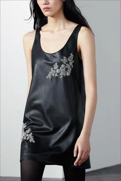 Faux Leather Mini Dress with Beading - Effortless City Glam - Dresses - Lingerie Hut - A-line • All Season • Autumn